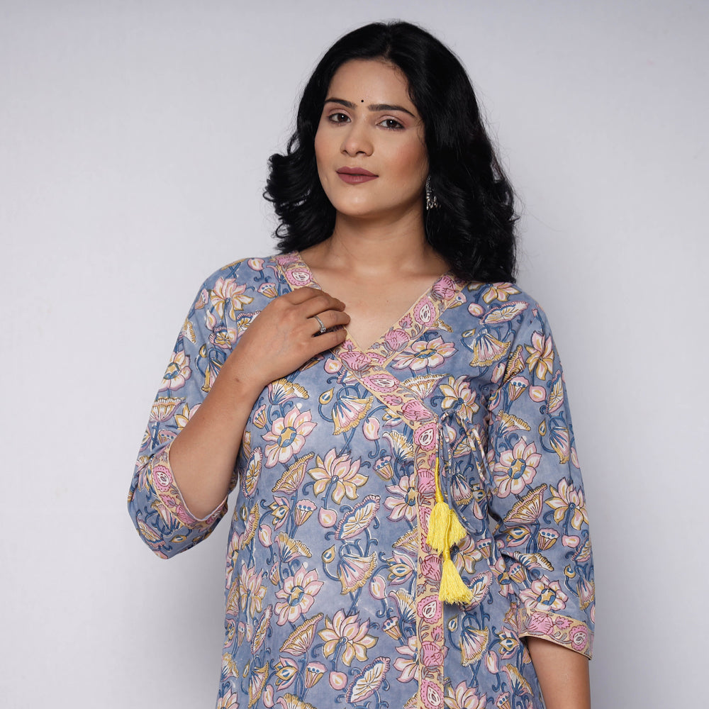 Grey Pink Sanganeri Hand Block Printed Cotton Kurta with Palazzo Set