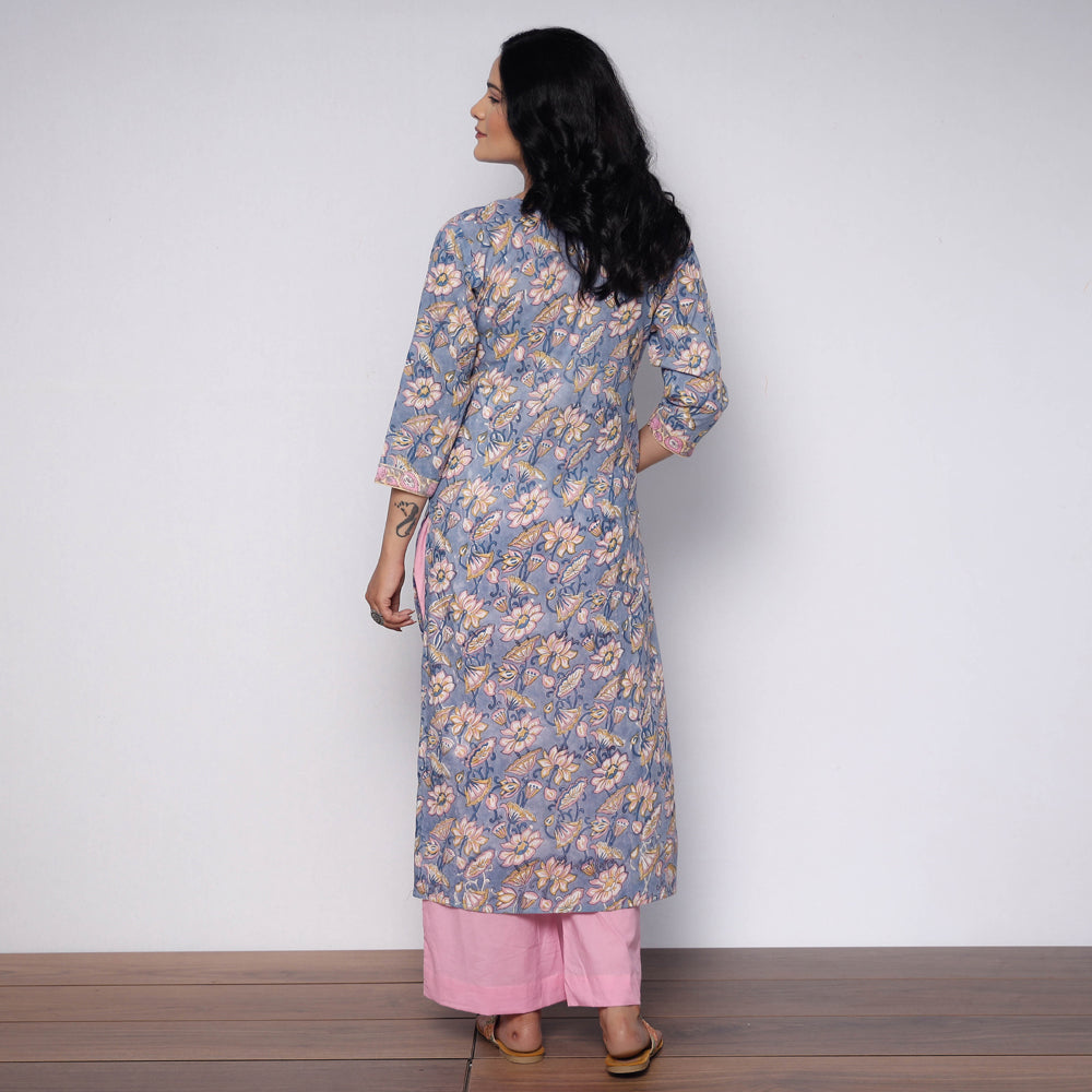 Grey Pink Sanganeri Hand Block Printed Cotton Kurta with Palazzo Set