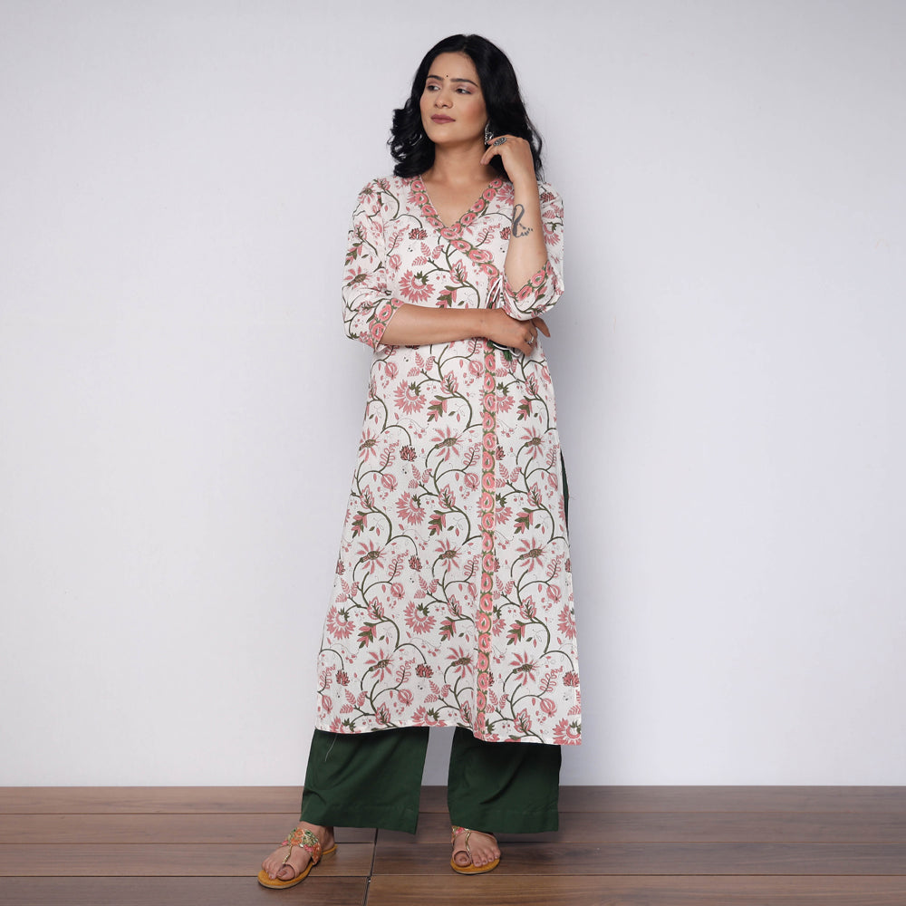 White Green Sanganeri Hand Block Printed Cotton Kurta with Palazzo Set