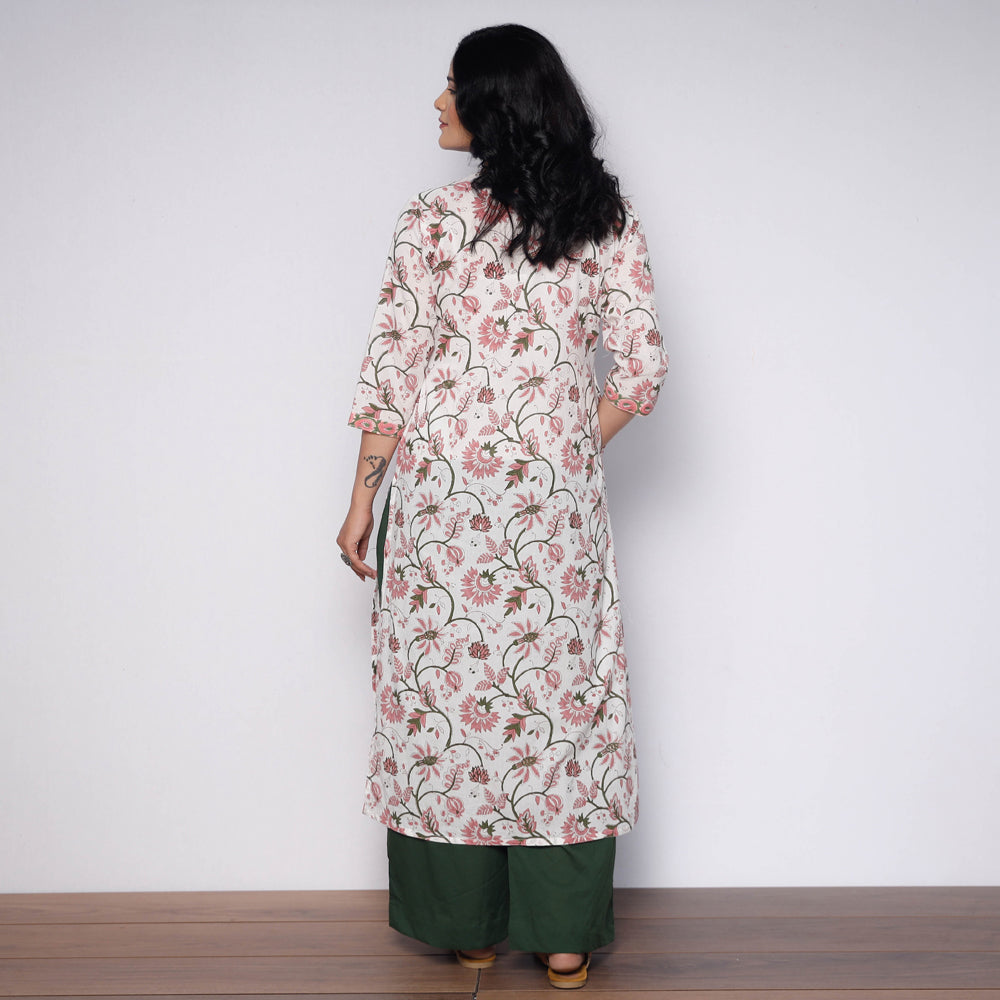 White Green Sanganeri Hand Block Printed Cotton Kurta with Palazzo Set