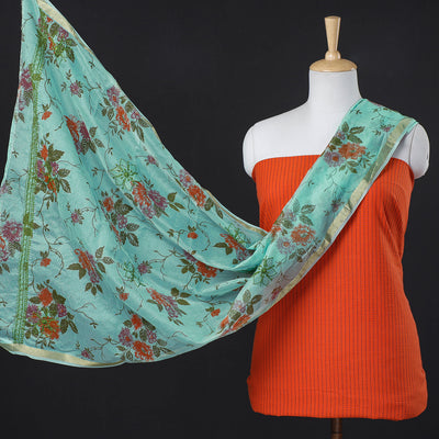 Orange - 2pc Prewashed Jacquard Cotton Suit Material with Lucknow Chikankari Embroidery Organza Silk Dupatta