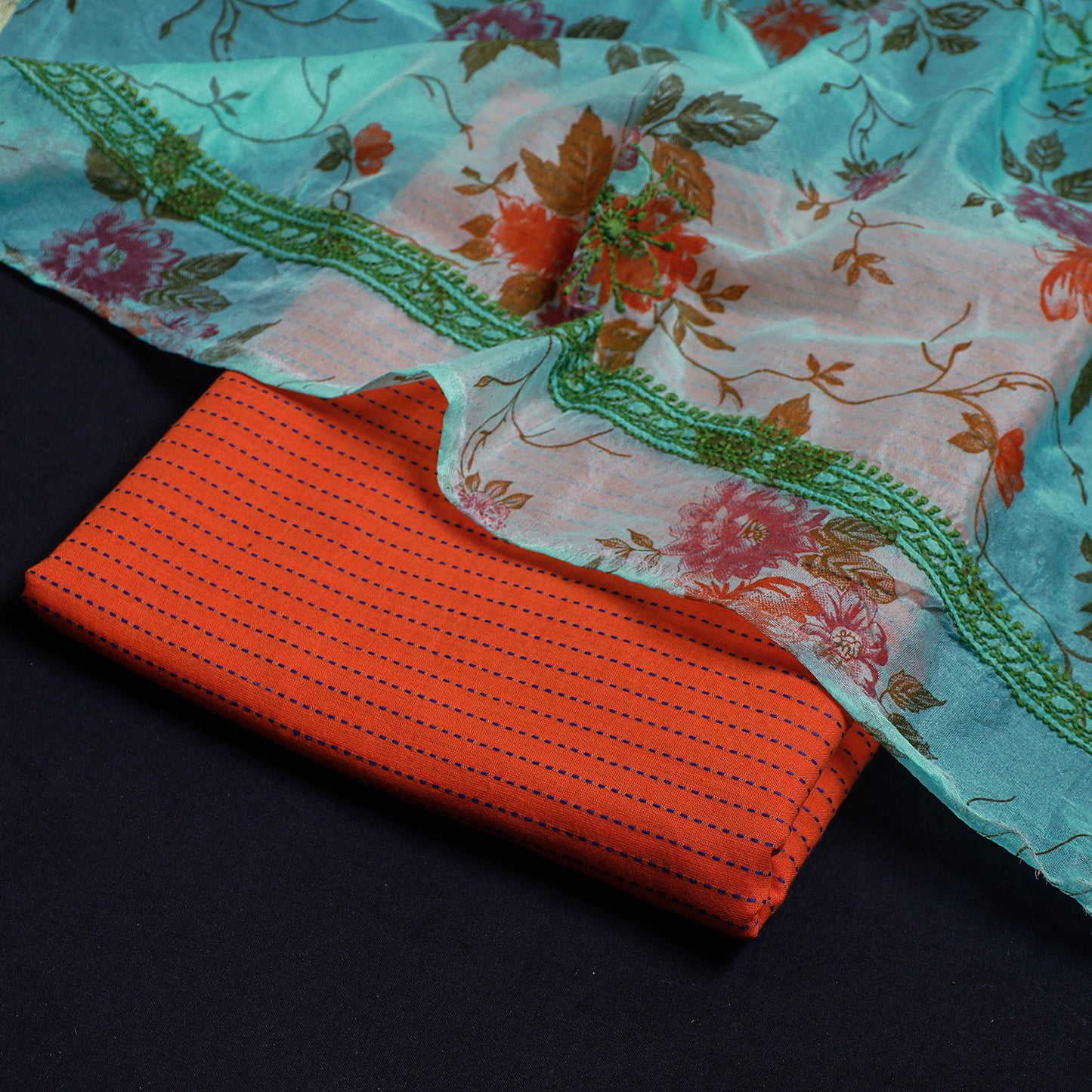 Orange - 2pc Prewashed Jacquard Cotton Suit Material with Lucknow Chikankari Embroidery Organza Silk Dupatta