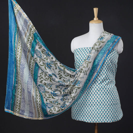 Blue - 2pc Sanganeri Block Printed Handwoven Kutch Woolen Suit Material with Chanderi Silk Handloom Dupatta