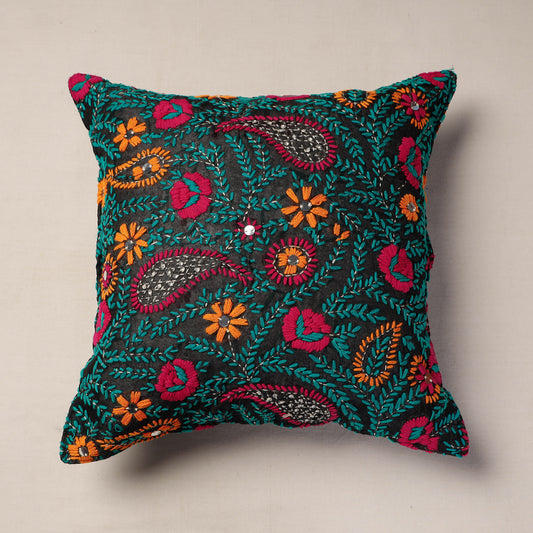Multicolor - Phulkari Hand Embroidery Chanderi Silk Cushion Cover (16 x 16 in)