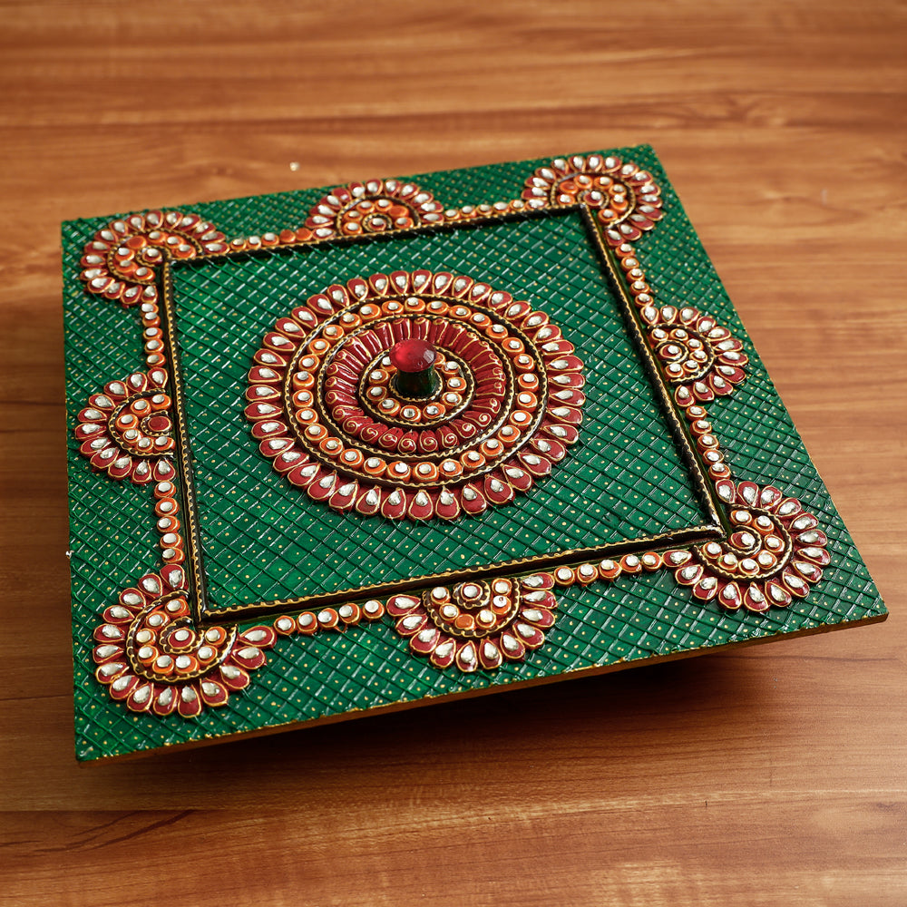  Diwali Decor Handpainted Green Wooden Dry Fruit Box 
