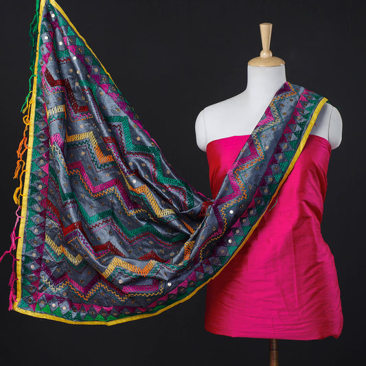 Pink - 2pc Pure Dupion Silk Handloom Suit Material with Ranihati Chanderi Silk Tagai Phulkari Embroidery Dupatta