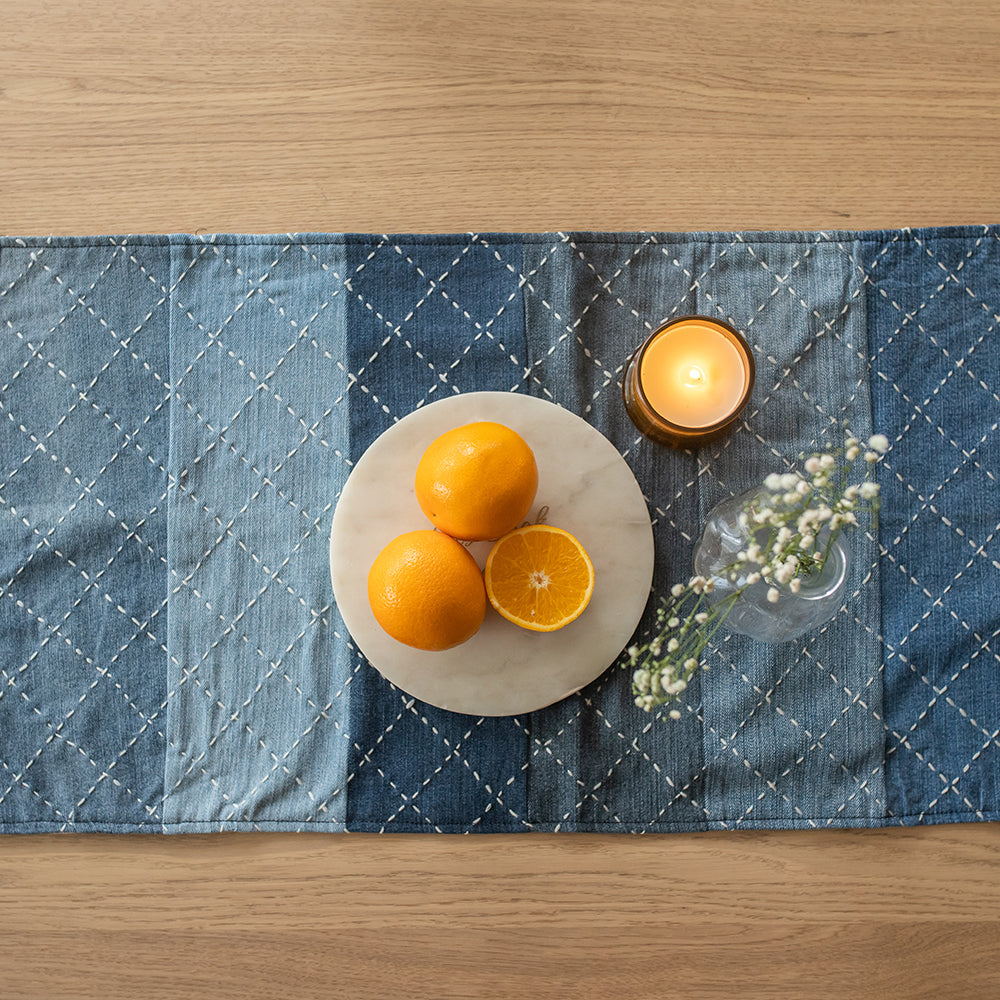 Hand Embroidered Upcycled Jeans Table Runner (Single) - Criss Cross