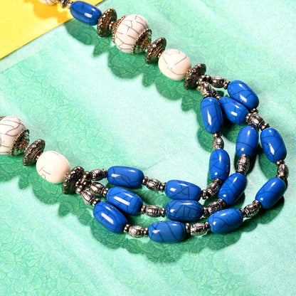 Blue White Silver Tone Long Beaded Handcrafted Necklace by Bamboo Tree Jewels