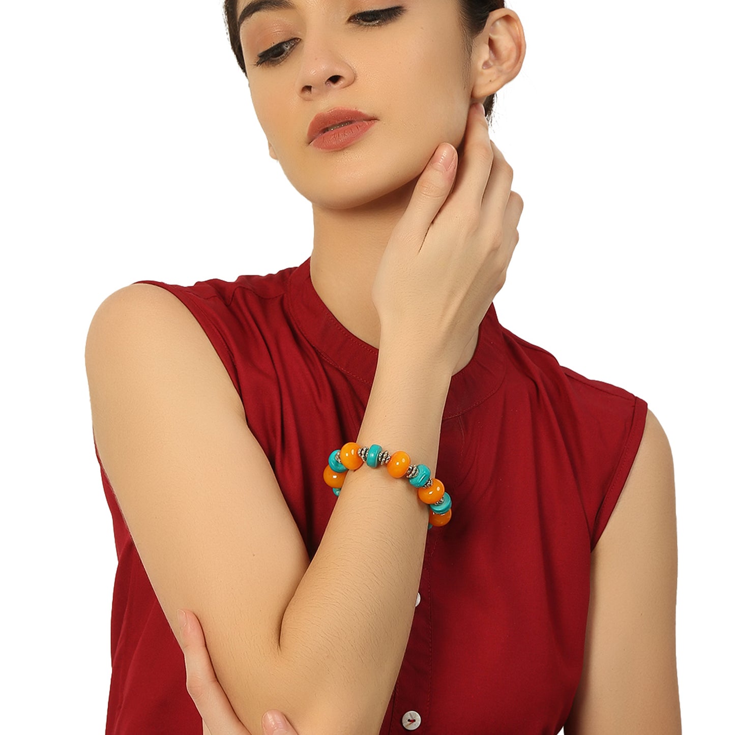 Orange & Turquoise Beaded Stretchable Bracelet by Bamboo Tree Jewels