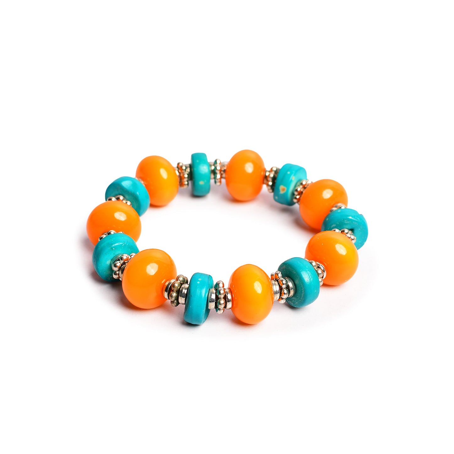 Orange & Turquoise Beaded Stretchable Bracelet by Bamboo Tree Jewels