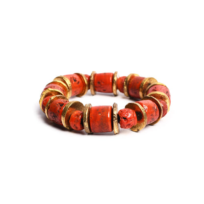 Red & Golden Beaded Stretchable Bracelet by Bamboo Tree Jewels