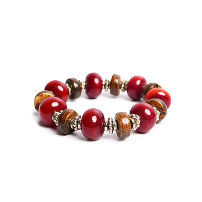 Maroon & Brown, Silver Beaded Stretchable Bracelet by Bamboo Tree Jewels