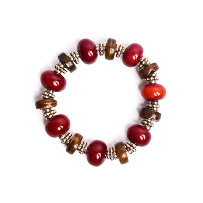 Maroon & Brown, Silver Beaded Stretchable Bracelet by Bamboo Tree Jewels