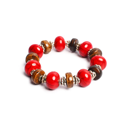 Red & Brown, Silver Beaded Stretchable Bracelet by Bamboo Tree Jewels