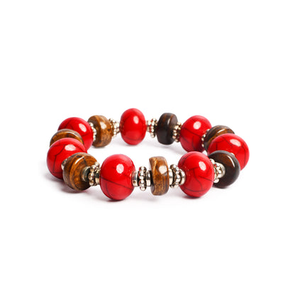 Red & Brown, Silver Beaded Stretchable Bracelet by Bamboo Tree Jewels