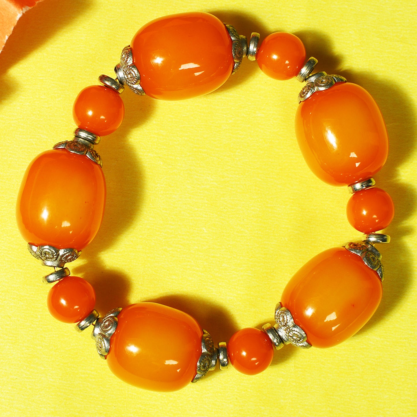Orange & Silver Stone Stretchable Bracelet by Bamboo Tree Jewels