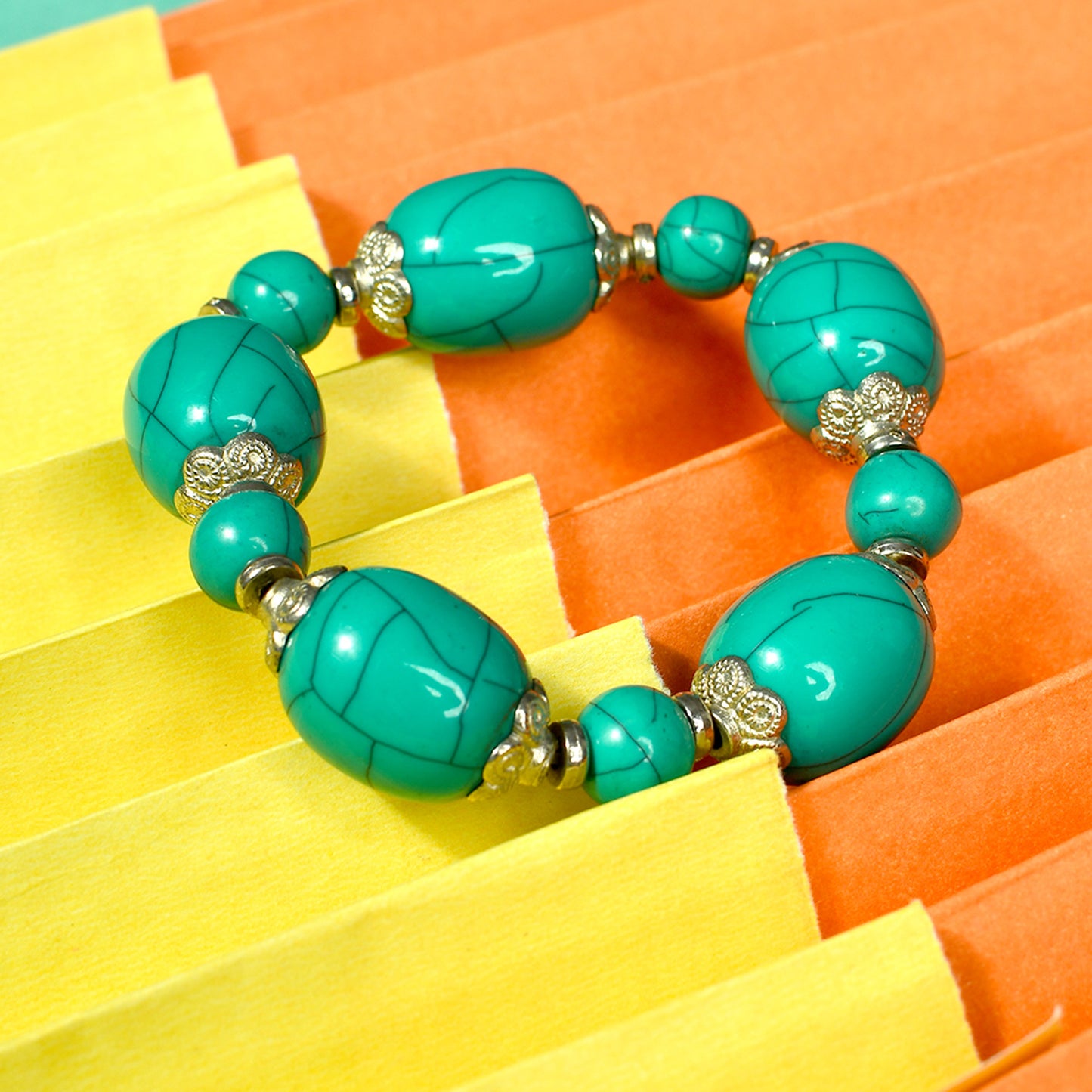 Green & Silver Stone Stretchable Bracelet by Bamboo Tree Jewels