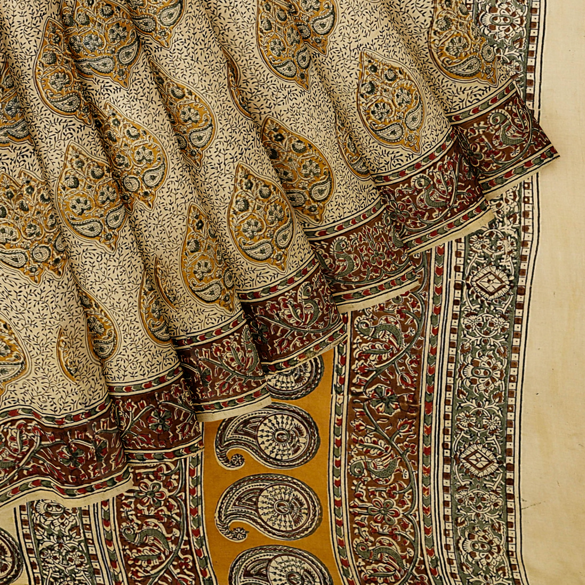 Beige - Pedana Kalamkari Block Printing Natural Dyed Cotton Saree