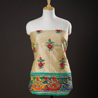 Multicolor - 3pc Phulkari Embroidery Chapa Work Chanderi Silk Suit Material Set