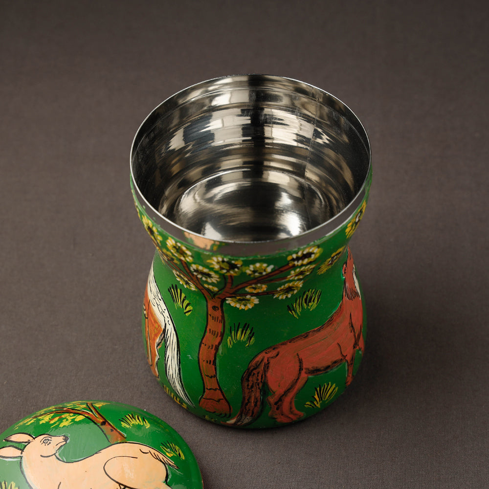 Green Kavad Handpainted Stainless Steel Multi Utility Canister