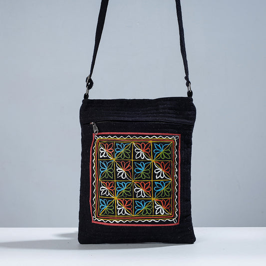 Black - Traditional Rogan Hand Painted Cotton Sling Bag