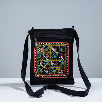 Black - Traditional Rogan Hand Painted Cotton Sling Bag
