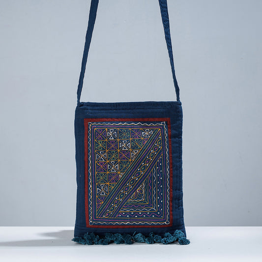 Blue - Traditional Rogan Hand Painted Cotton Bead Work Sling Bag with Tassels
