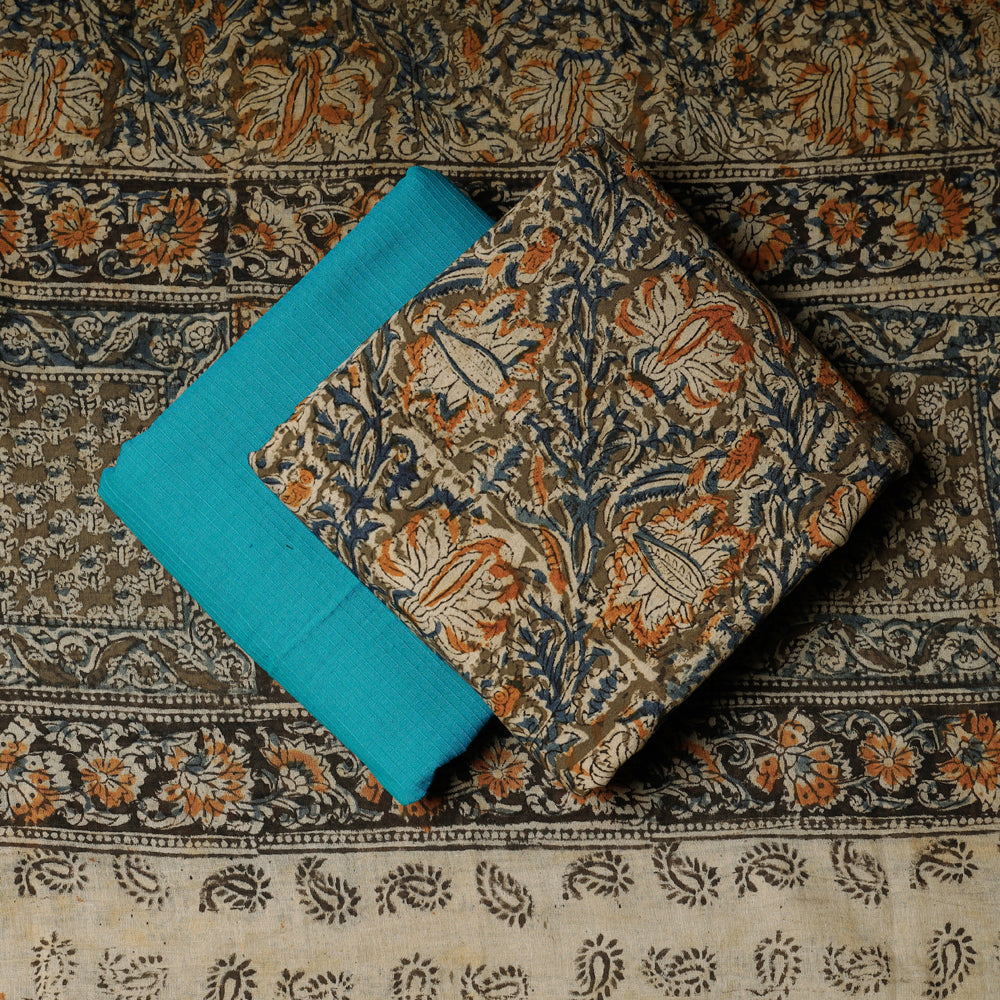 Brown - 3pc Kalamkari Block Printed Natural Dyed Cotton Suit Material Set