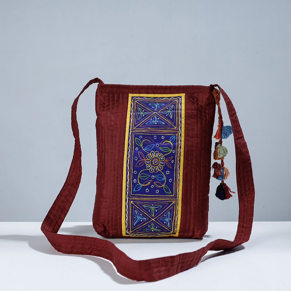 Brown - Traditional Rogan Hand Painted Silk Sling Bag with Tassels