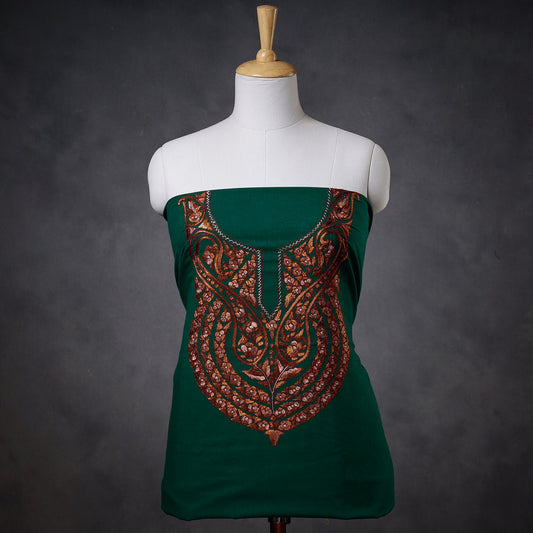 Green - Kashidakari Hand Embroidery Pure Cotton Kurti Material - 2.5 meter