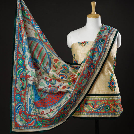 Beige - 3pc Phulkari Embroidery Chapa Work Chanderi Silk Suit Material Set