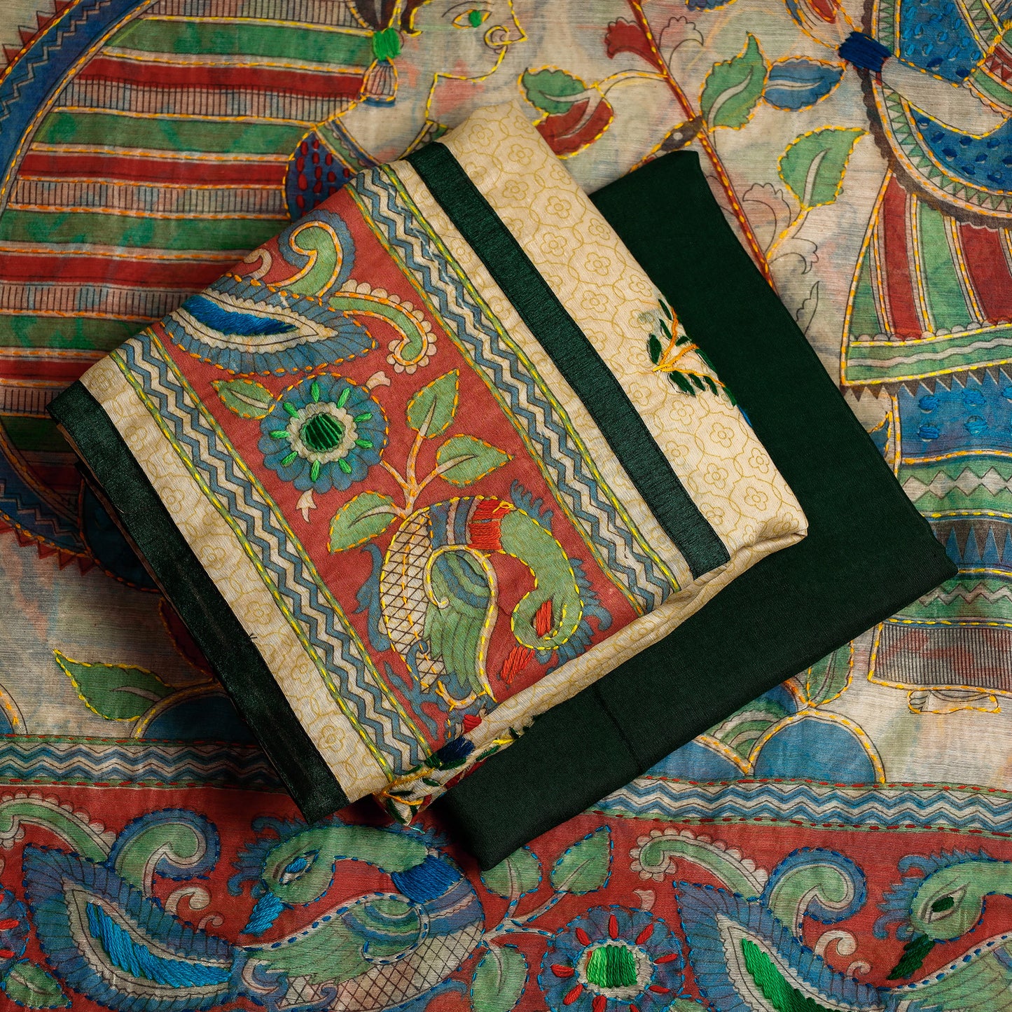 Beige - 3pc Phulkari Embroidery Chapa Work Chanderi Silk Suit Material Set