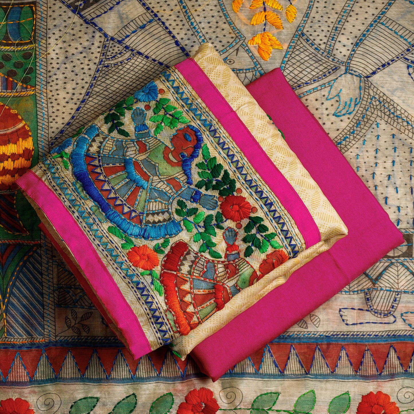 Pink - 3pc Phulkari Embroidery Chapa Work Chanderi Silk Suit Material Set
