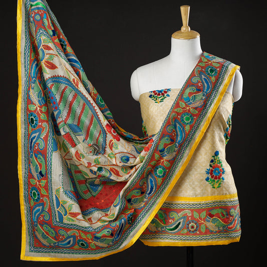 Yellow - 3pc Phulkari Embroidery Chapa Work Chanderi Silk Suit Material Set