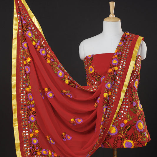 Red - 3pc Phulkari Embroidered Georgette Suit Material Set