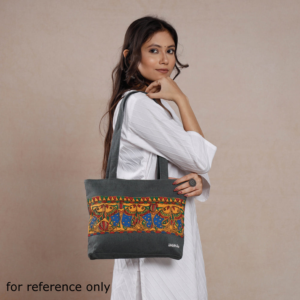 Grey - Madhubani Handpainted Jute Cotton Shoulder Bag