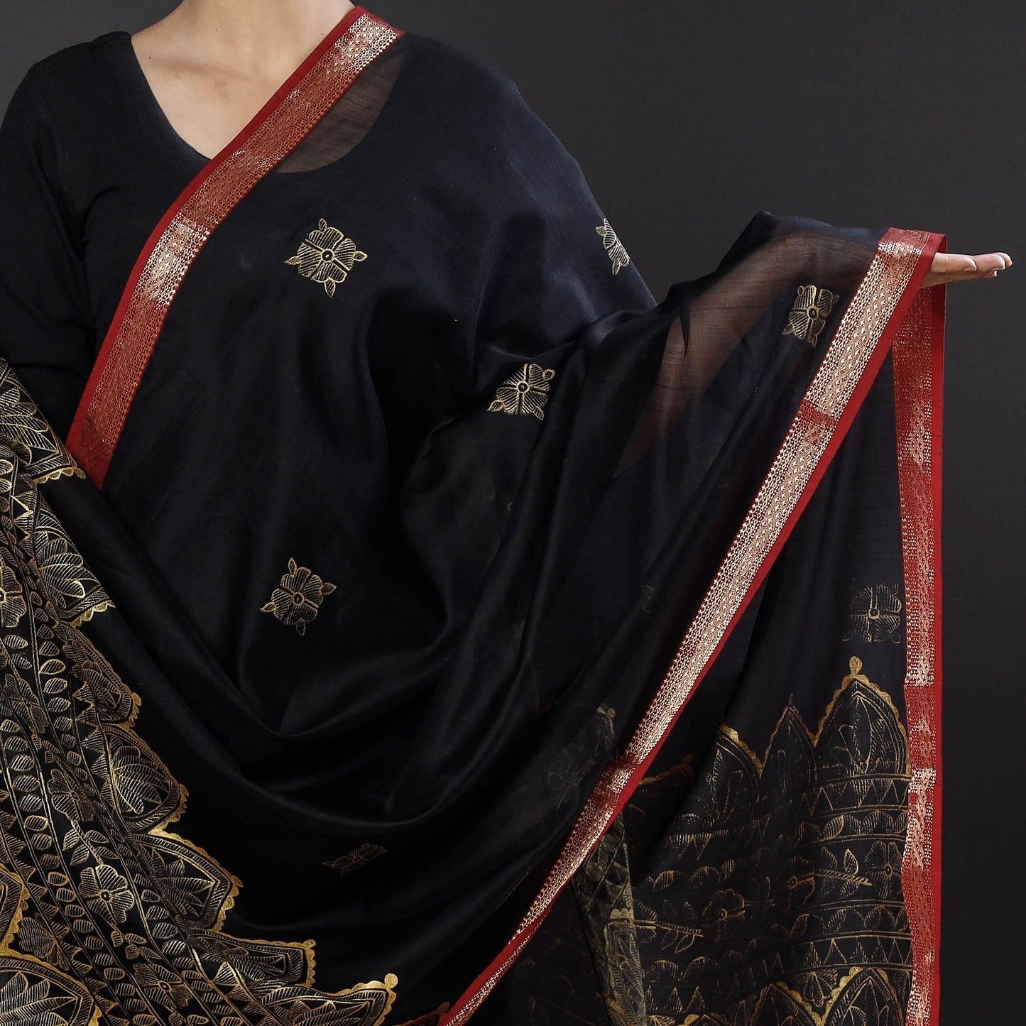 Black - Madhubani Handpainted Traditional Maheshwari Silk Dupatta