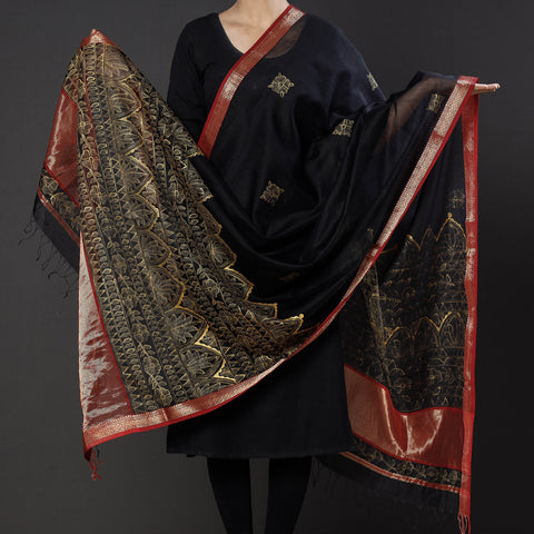 Black - Madhubani Handpainted Traditional Maheshwari Silk Dupatta