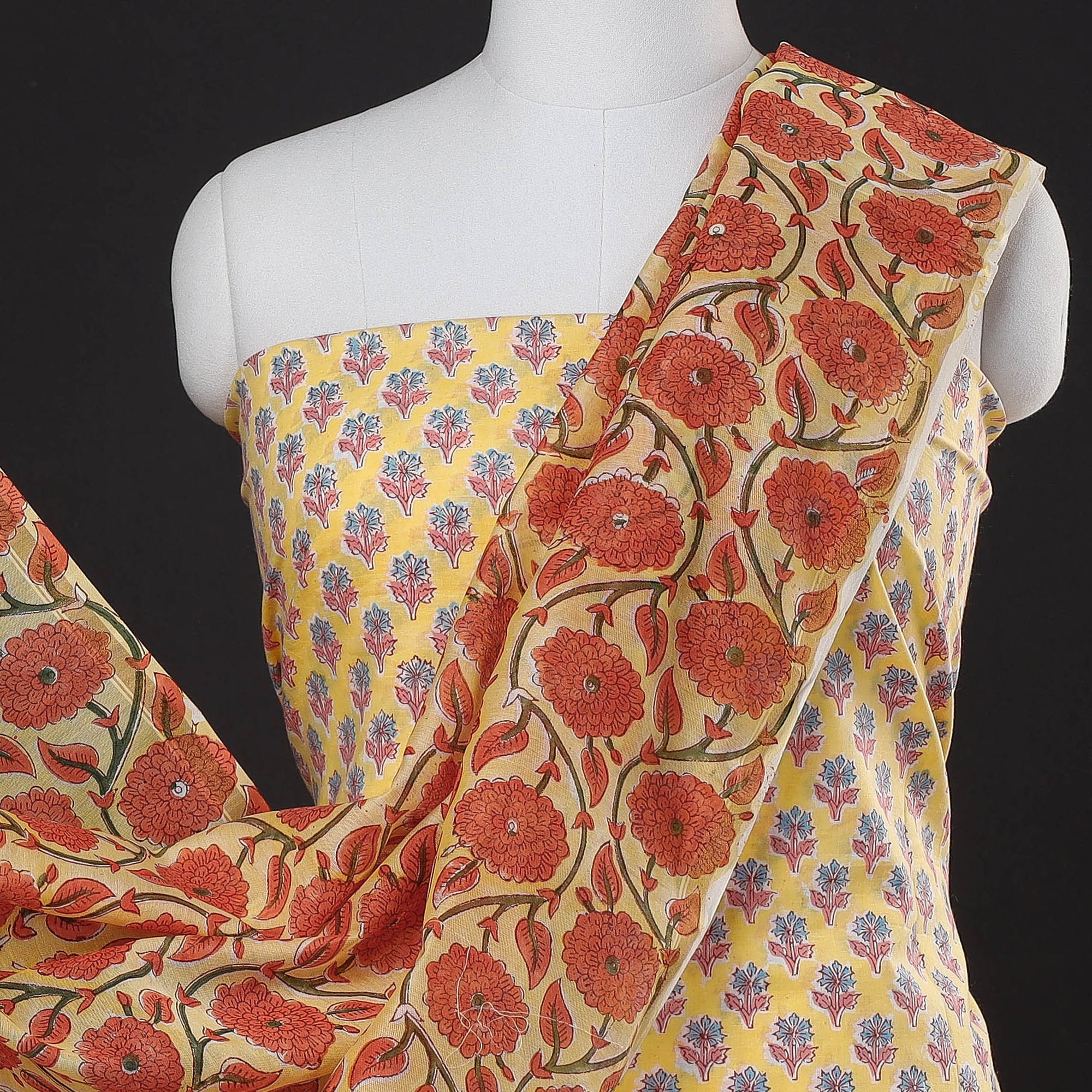 Yellow - 3pc Sanganeri Block Printed Chanderi Silk Suit Material Set