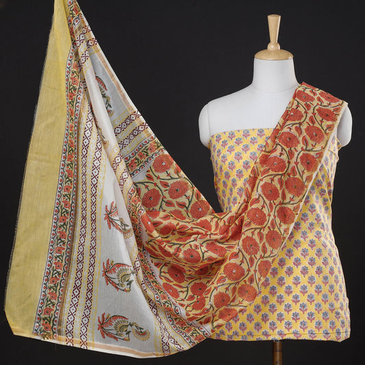 Yellow - 3pc Sanganeri Block Printed Chanderi Silk Suit Material Set