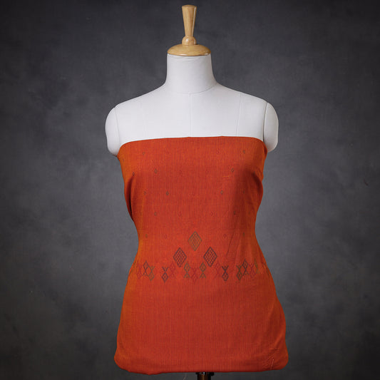 Orange - Kashida Stitch Pure Handloom Cotton Kurti Material - 3 meter