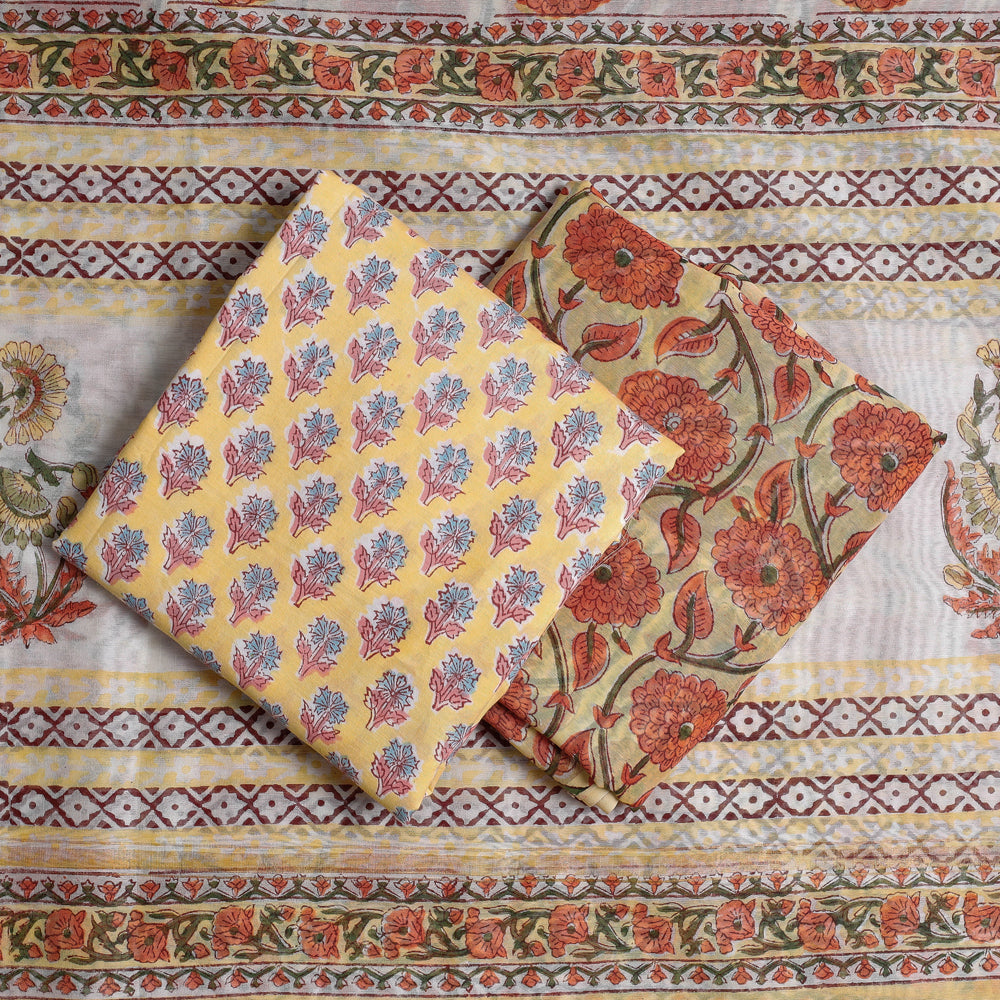 Yellow - 3pc Sanganeri Block Printed Chanderi Silk Suit Material Set
