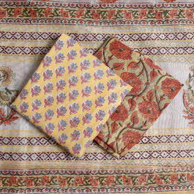 Yellow - 3pc Sanganeri Block Printed Chanderi Silk Suit Material Set