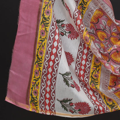 Pink - 3pc Sanganeri Block Printed Chanderi Silk Suit Material Set
