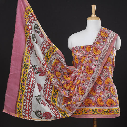 Pink - 3pc Sanganeri Block Printed Chanderi Silk Suit Material Set
