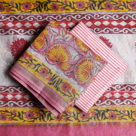 Pink - 3pc Sanganeri Block Printed Chanderi Silk Suit Material Set