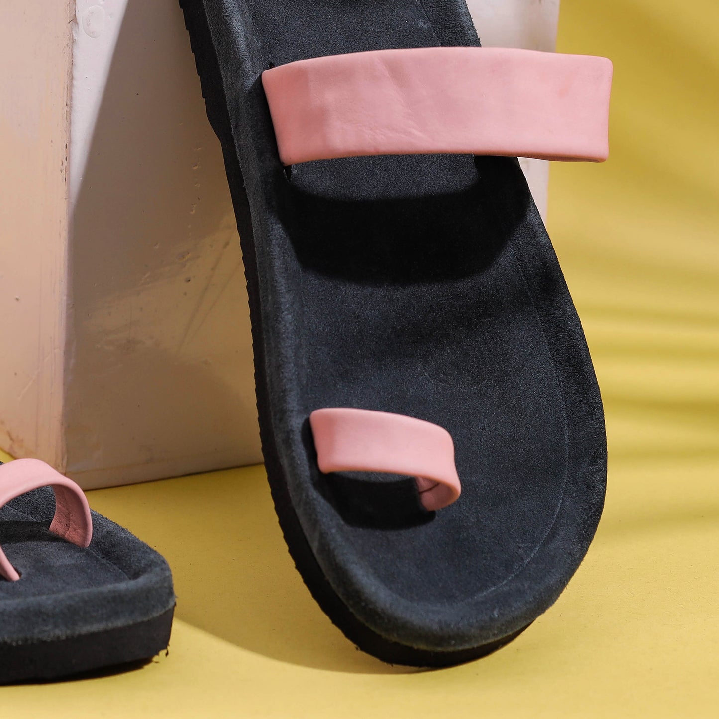 Pink & Grey Toe Ring Handcrafted Women's Leather Slippers with Suede