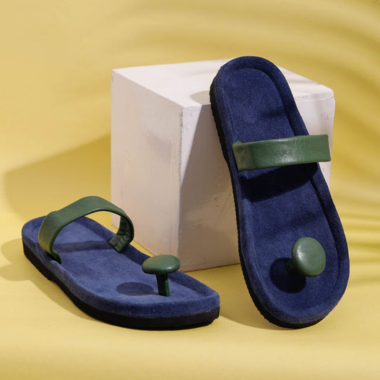 Blue & Green Handcrafted Women's Leather Slippers with Suede