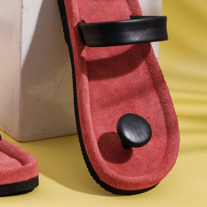 Pink & Black Handcrafted Women's Leather Slippers with Suede