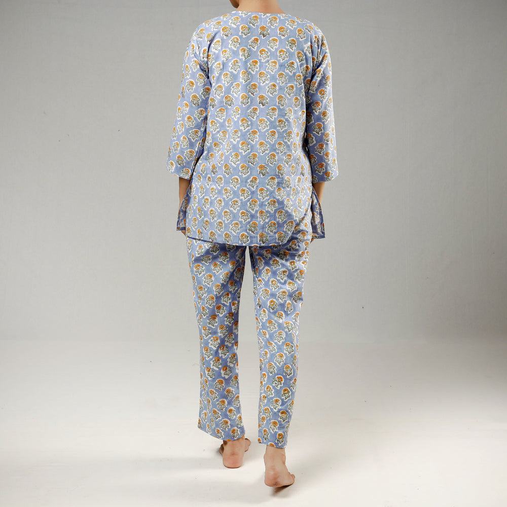 Blue - Sanganeri Block Print Cotton Night Suit